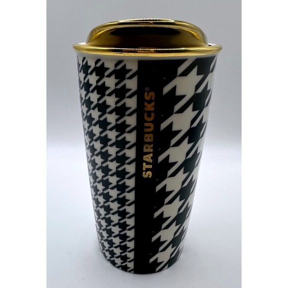 Starbucks Gold Lid Houndstooth Ceramic Travel Mug 12oz 2015 Limited Edition - Picture 3 of 6